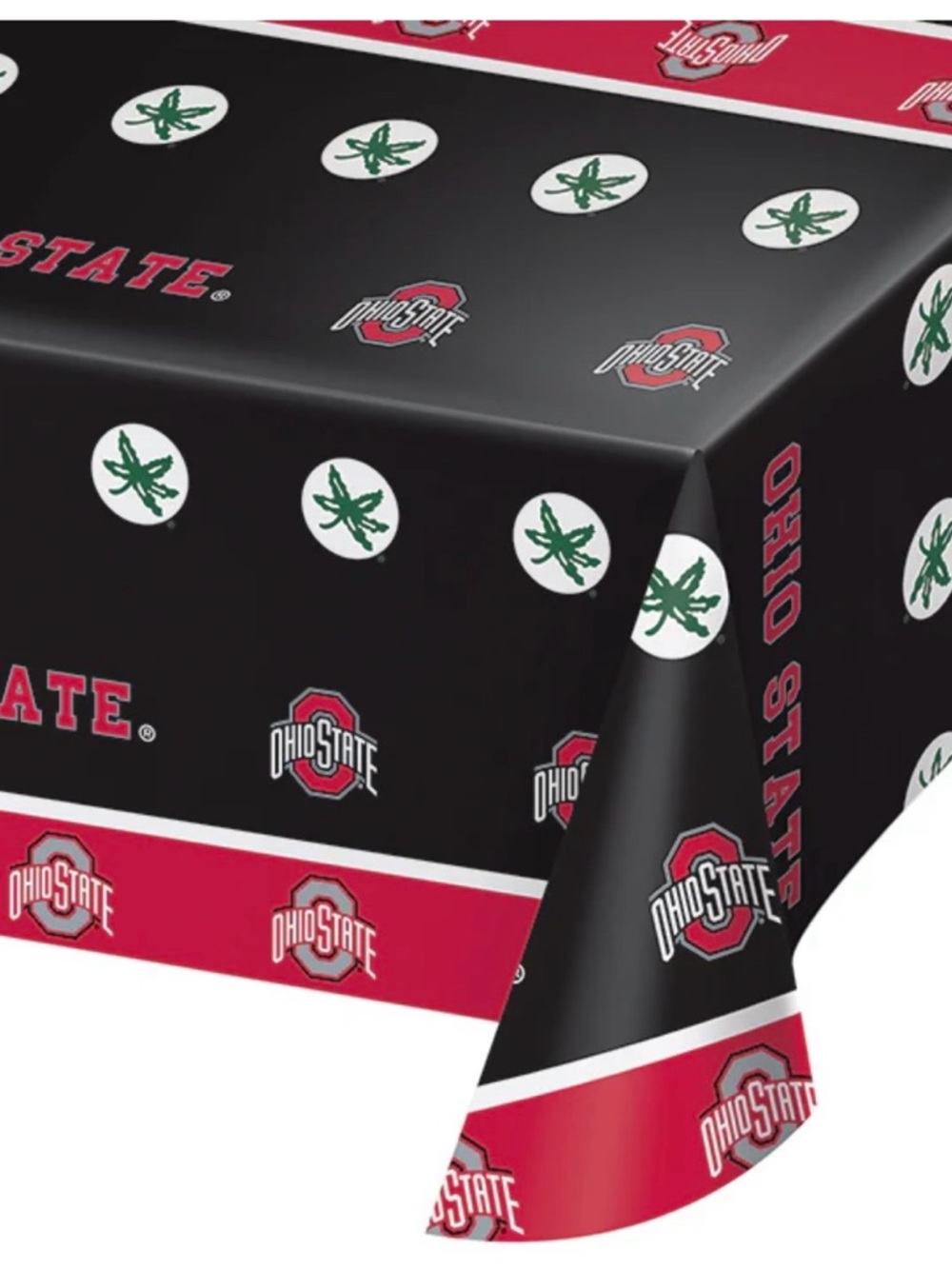Ohio State Black & Red Tablecloth with Green Leaf Accents